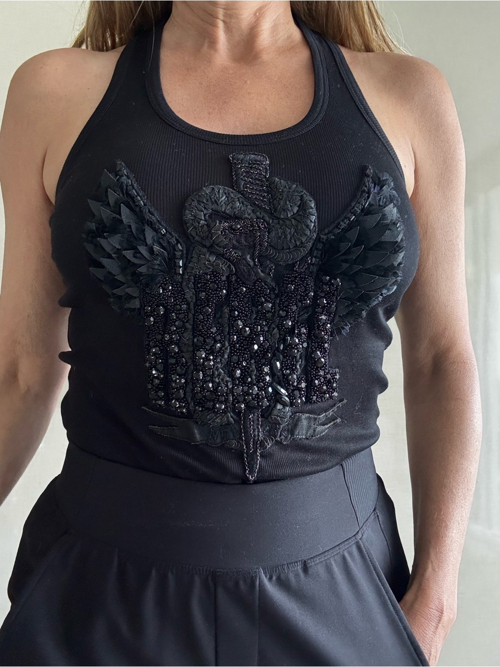 Black Embellished Tank Top with Winged Snake Motif